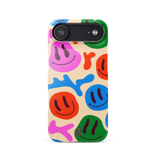 iPhone case with melting smiley face design
