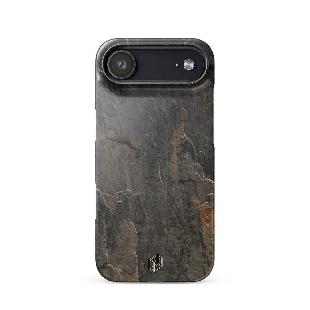 Phone case with a dark, textured surface on a white background
