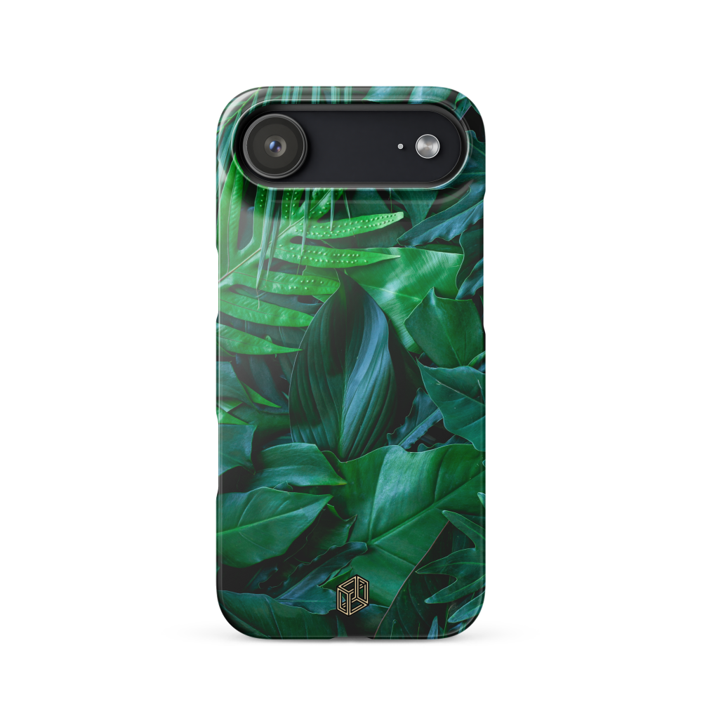 iPhone case with green leaf pattern, tropical design