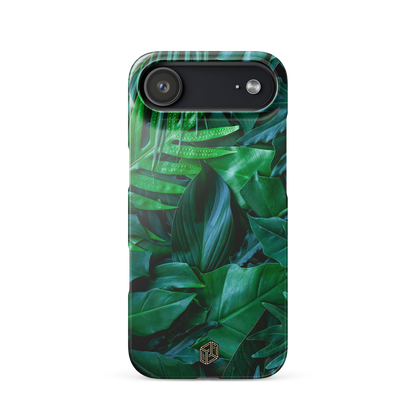 iPhone case with green leaf pattern, tropical design