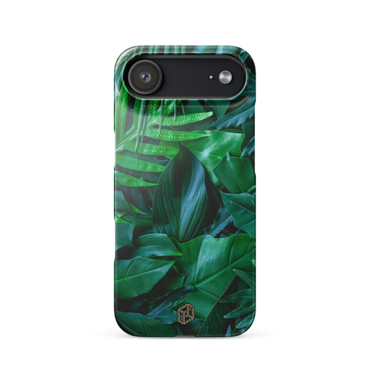 iPhone case with green leaf pattern, tropical design