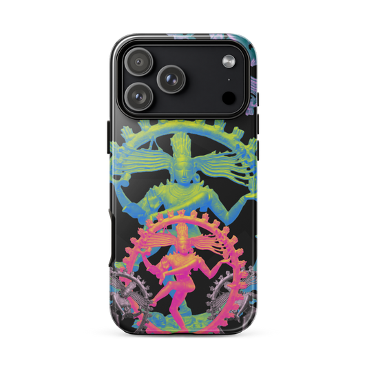Phone case with colorful Nataraja design on a black background