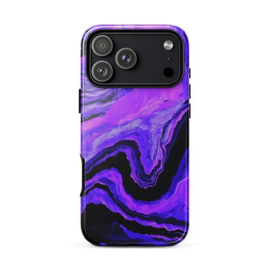 Phone case with purple and black abstract design on a white background