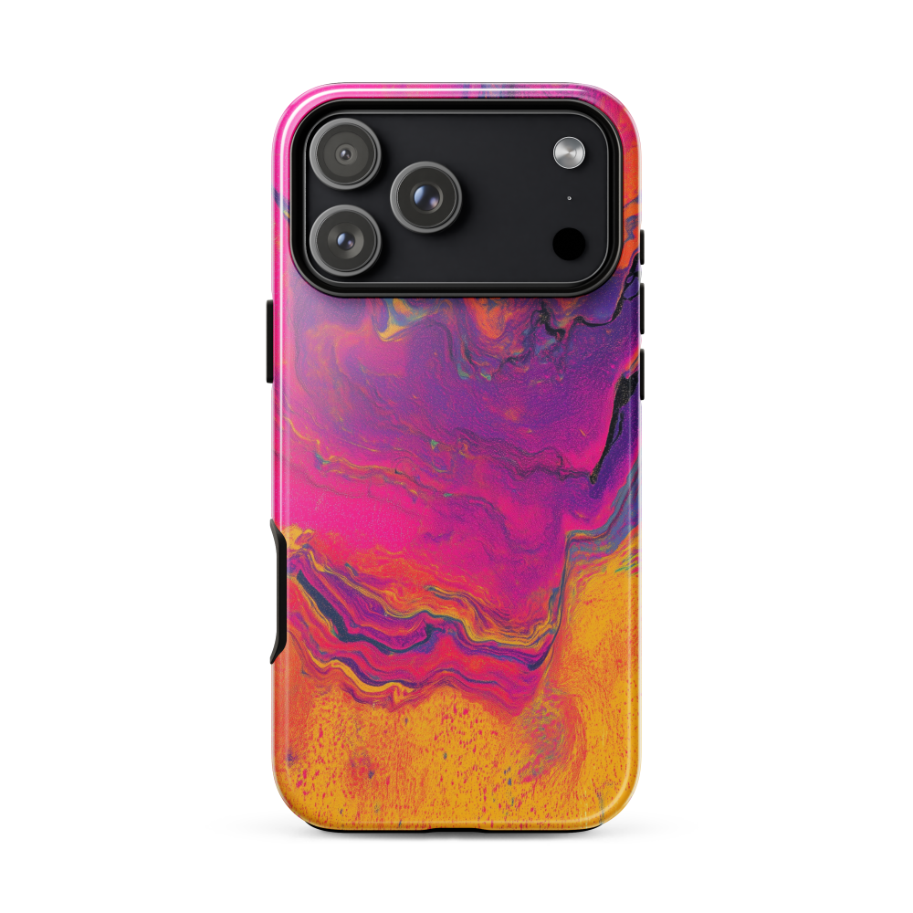 Phone case with a colorful, abstract design which has a psychedelic style