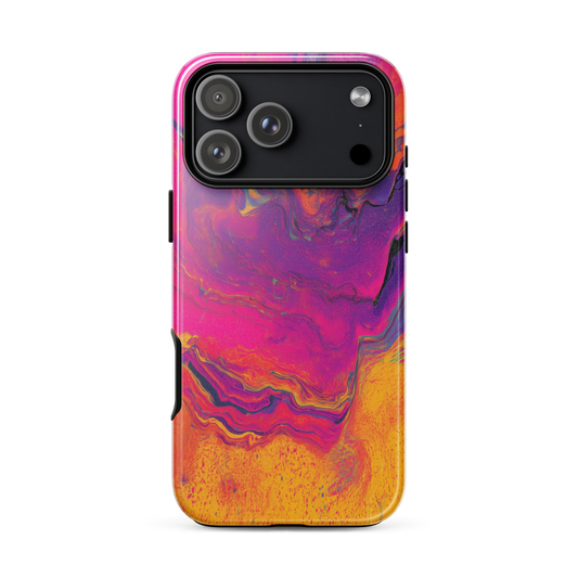 Phone case with a colorful, abstract design which has a psychedelic style