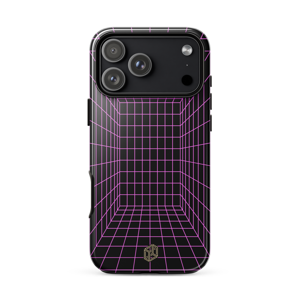 Phone case with pink grid design on a white background
