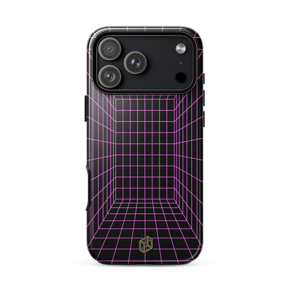 Phone case with pink grid design on a white background