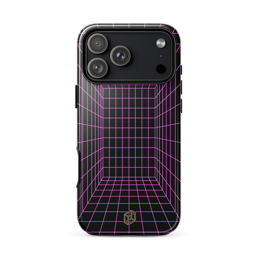 Phone case with pink grid design on a white background