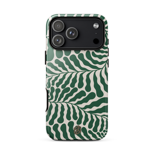 iPhone case with green and white leaf pattern 
