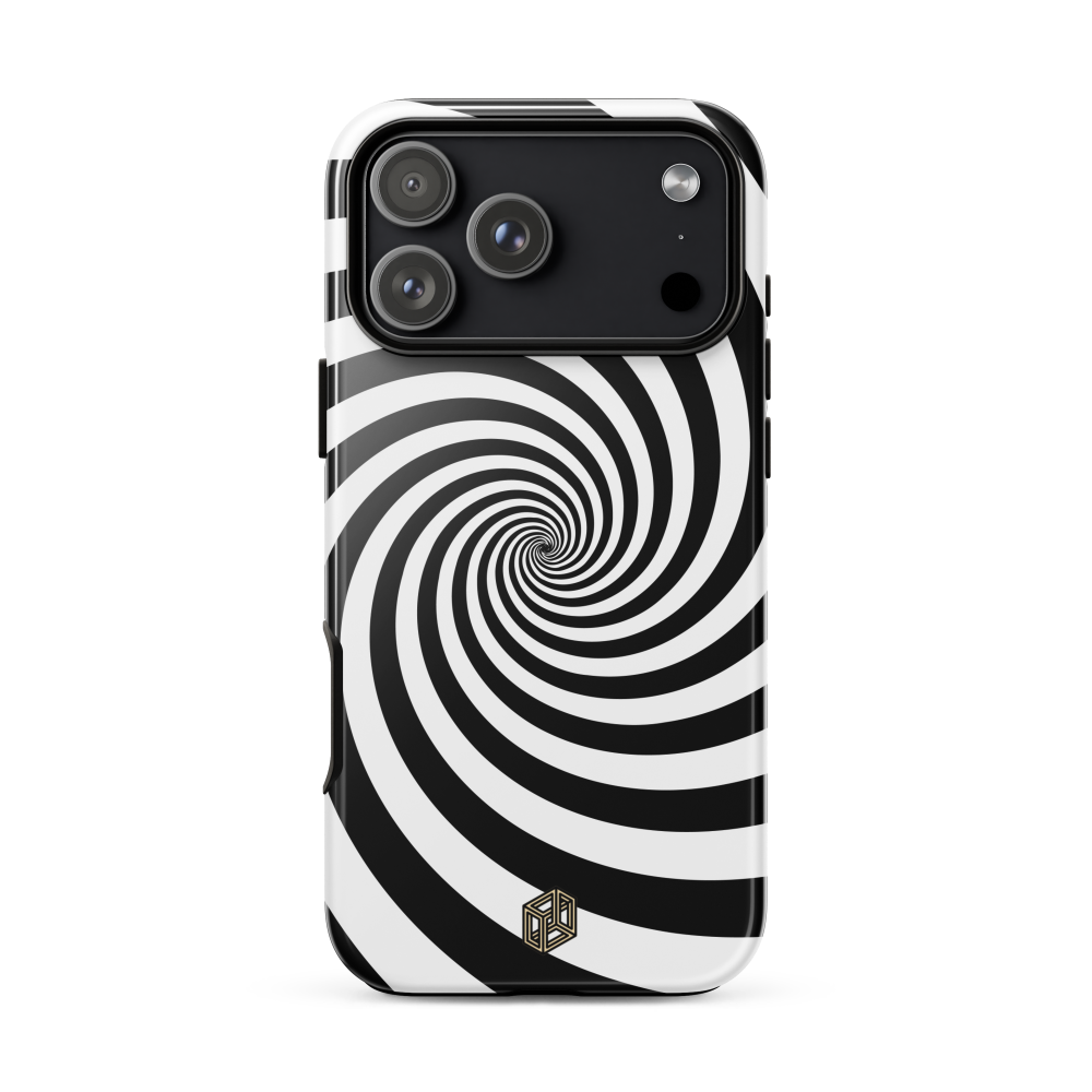 iPhone case with black and white spiral design