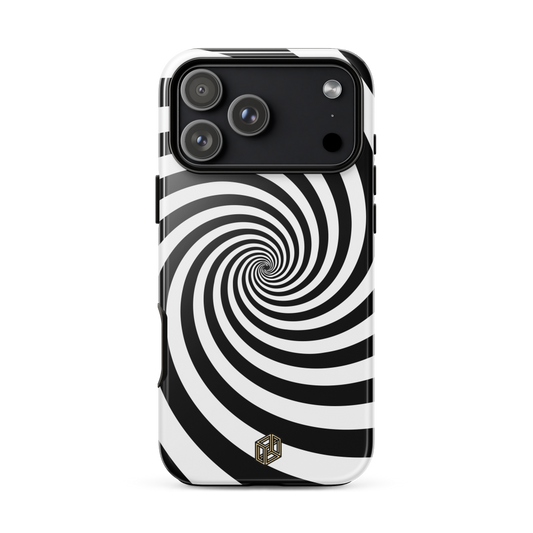 iPhone case with black and white spiral design