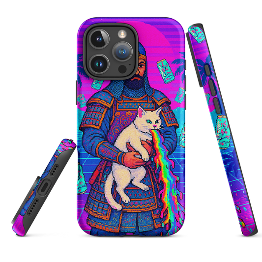Phone case with a colorful design of a person in armor holding a cat, with rainbow smoke effect.