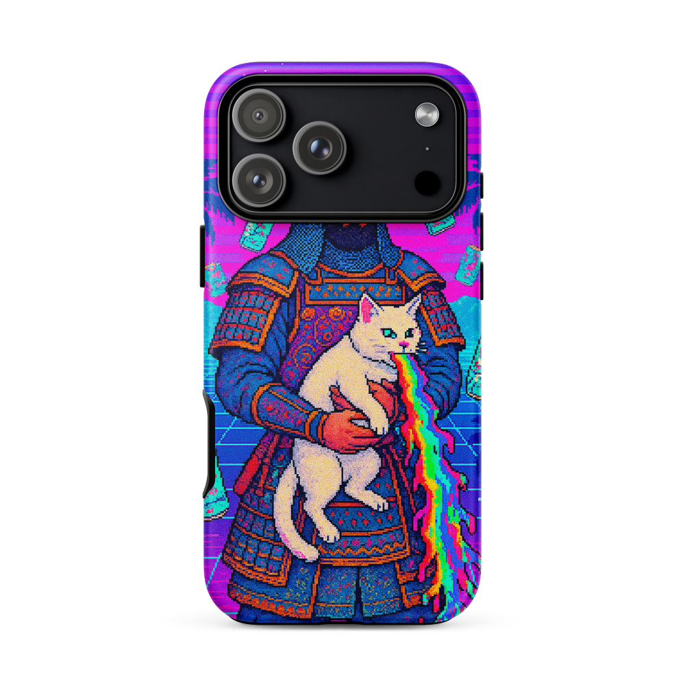 Phone case with a colorful design of a person in armor holding a cat with a rainbow tail on a white background.