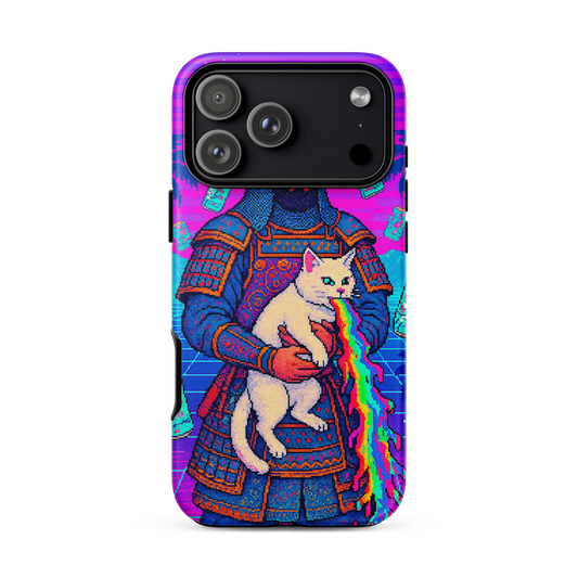 Phone case with a colorful design of a person in armor holding a cat with a rainbow tail on a white background.